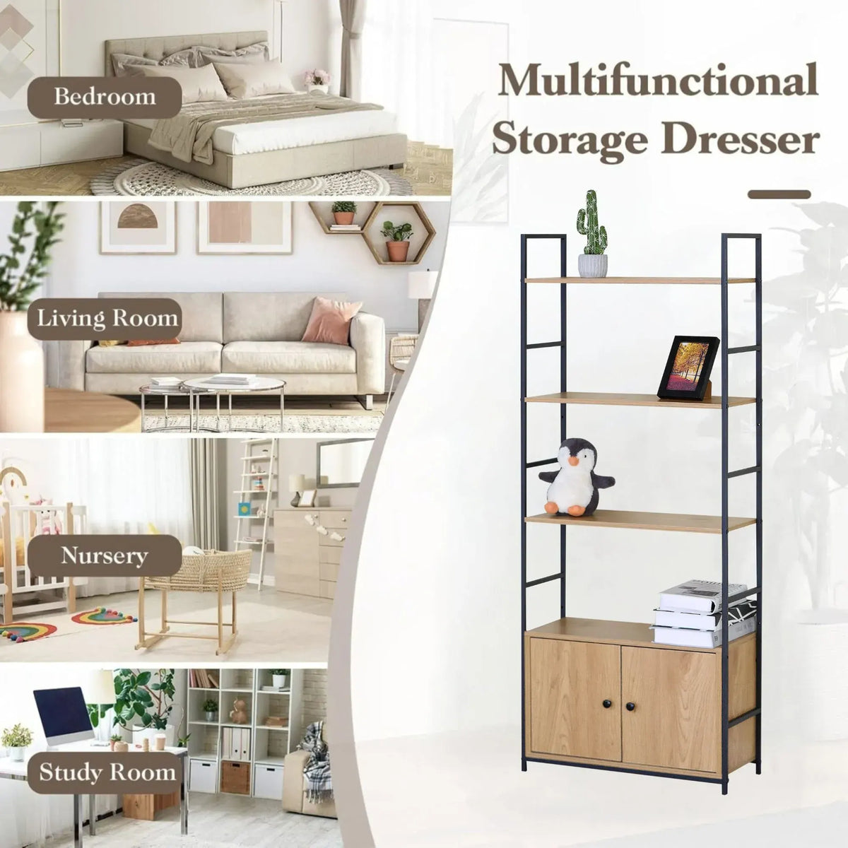 CARLA HOME Bookcase with Cabinet - 4 - Shelf Storage - Oak - Brown - Storage Cabinet - Image 4