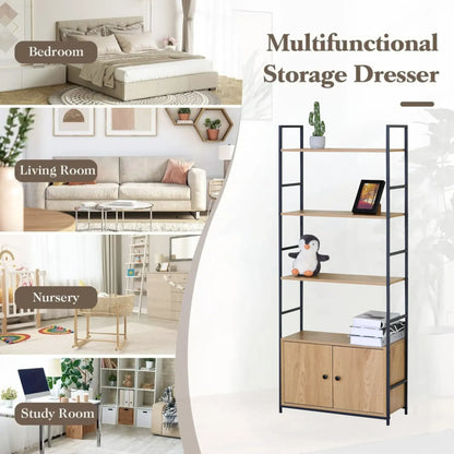 CARLA HOME Bookcase with Cabinet - 4 - Shelf Storage - Oak - Brown - Storage Cabinet - Image 4