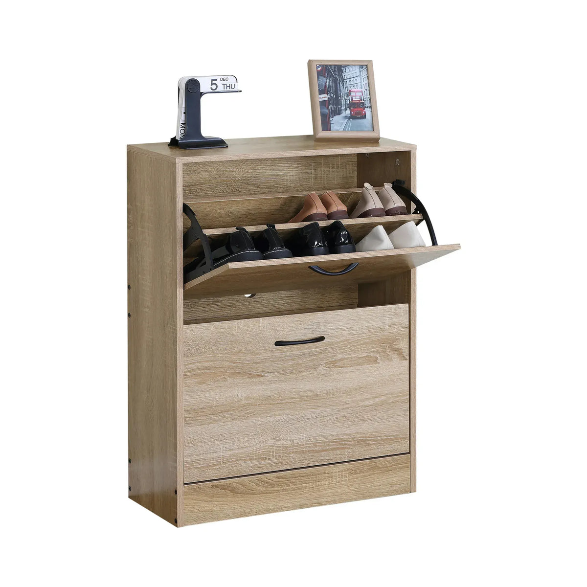 CARLA HOME 2 Flip Drawer Shoe Cabinet - Hidden Storage - Modern - Shoe Storage Cabinet - Oak