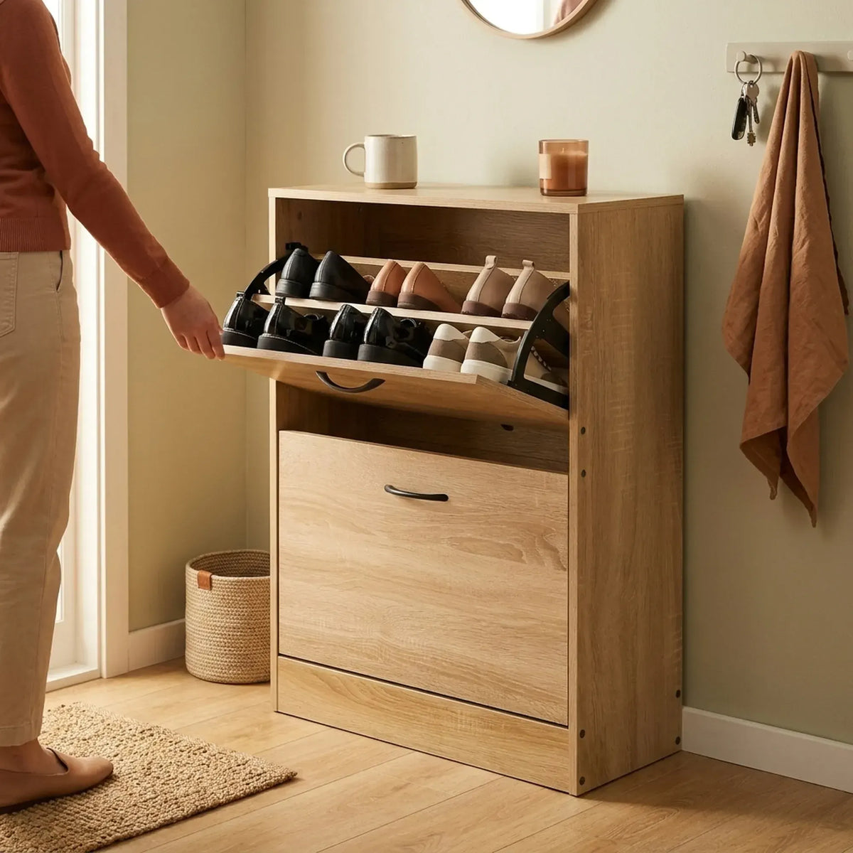 CARLA HOME 2 Flip Drawer Shoe Cabinet - Hidden Storage - Modern - Shoe Storage Cabinet - Oak - Image 2