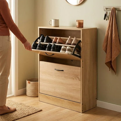 CARLA HOME 2 Flip Drawer Shoe Cabinet - Hidden Storage - Modern - Shoe Storage Cabinet - Oak - Image 2