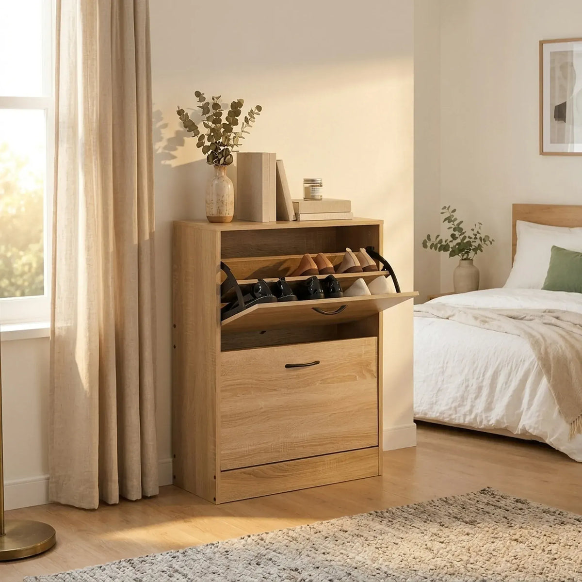 CARLA HOME 2 Flip Drawer Shoe Cabinet - Hidden Storage - Modern - Shoe Storage Cabinet - Oak - Image 5