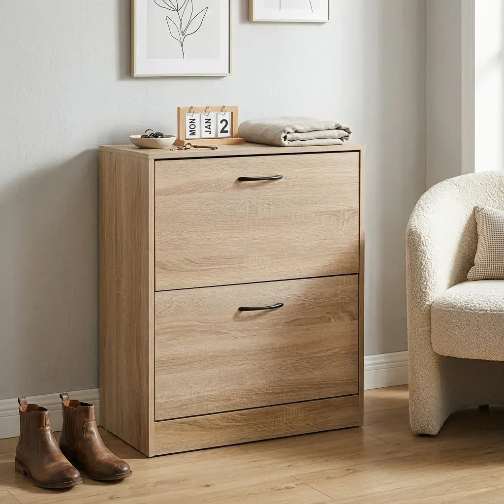 CARLA HOME 2 Flip Drawer Shoe Cabinet - Hidden Storage - Modern - Shoe Storage Cabinet - Oak - Image 6