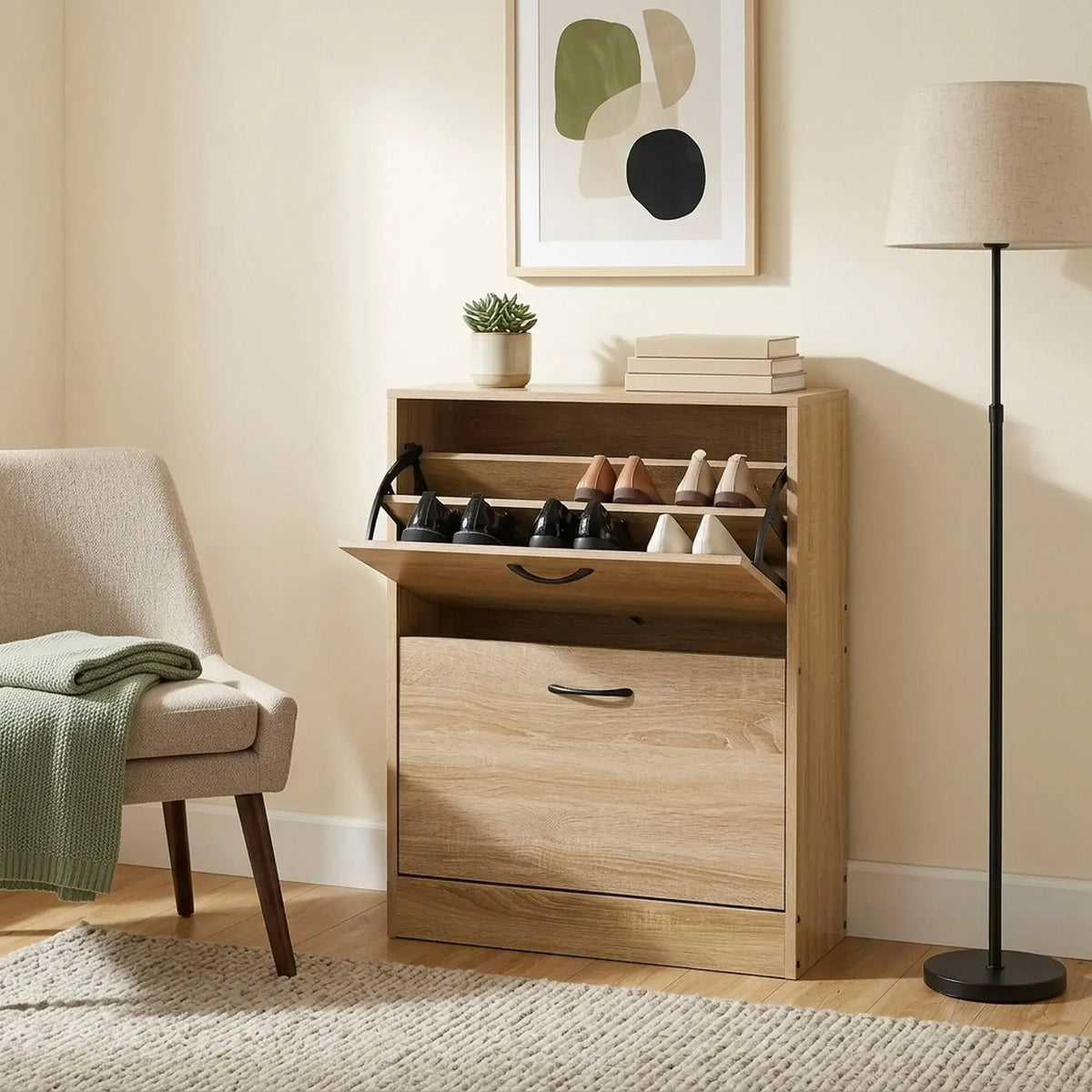 CARLA HOME 2 Flip Drawer Shoe Cabinet - Hidden Storage - Modern - Shoe Storage Cabinet - Oak - Image 7