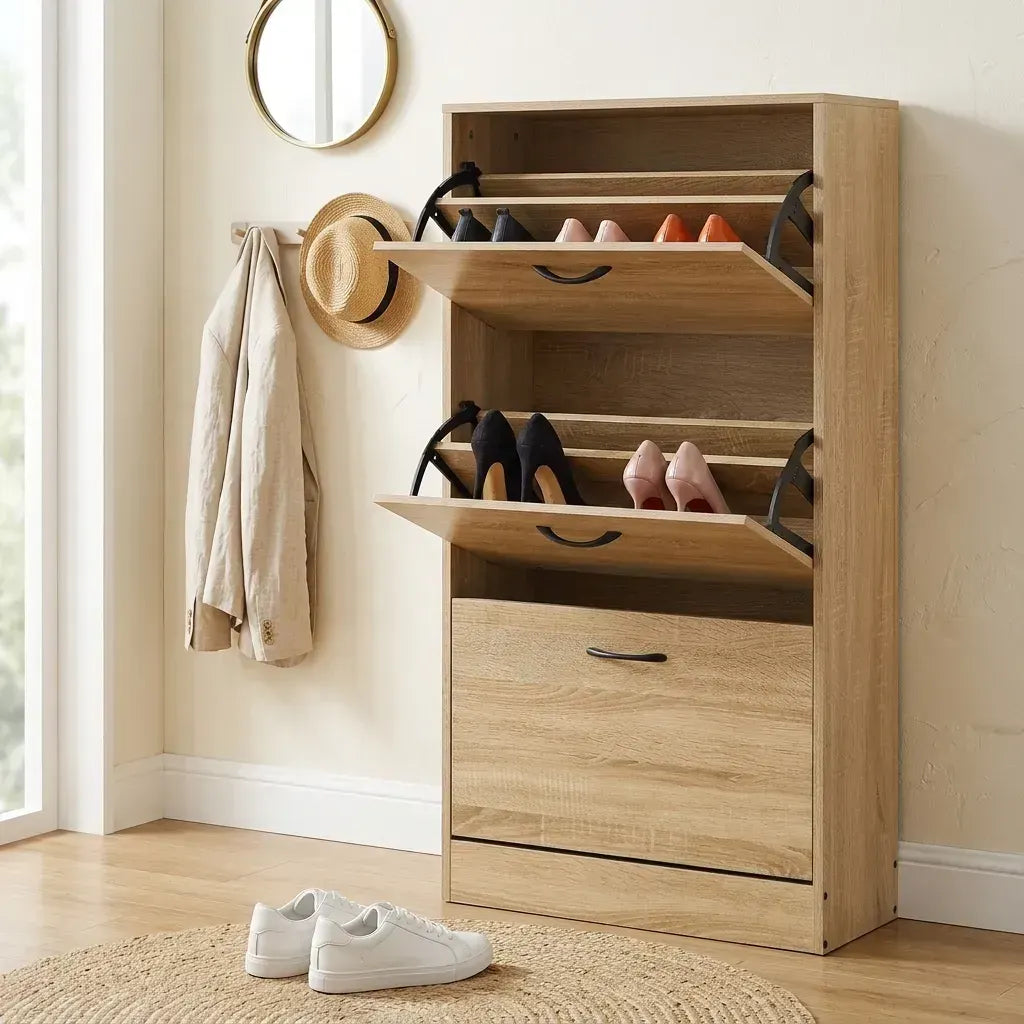 CARLA HOME 3 Flip Drawer Shoe Cabinet - Hidden Storage - Modern - Shoe Storage Cabinet - Oak - Image 2