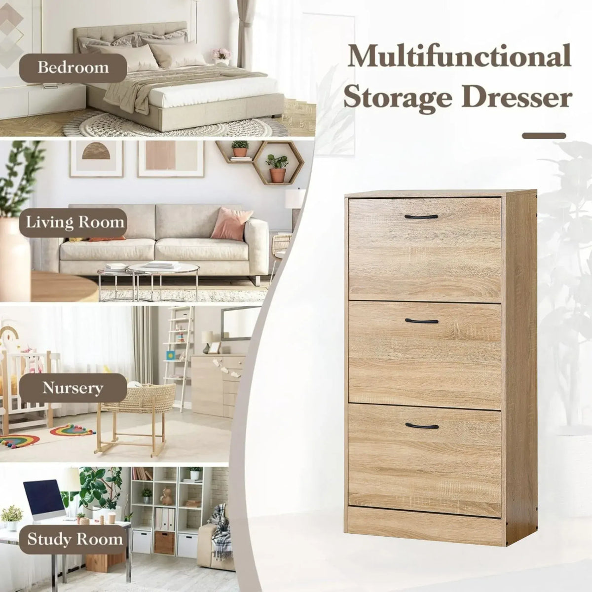 CARLA HOME 3 Flip Drawer Shoe Cabinet - Hidden Storage - Modern - Shoe Storage Cabinet - Oak - Image 4