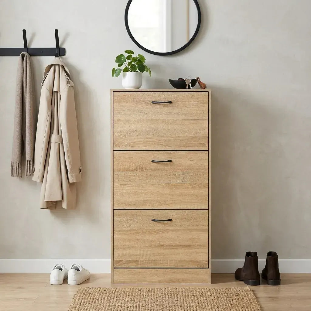 CARLA HOME 3 Flip Drawer Shoe Cabinet - Hidden Storage - Modern - Shoe Storage Cabinet - Oak - Image 5