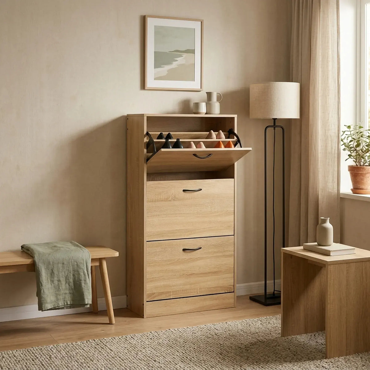 CARLA HOME 3 Flip Drawer Shoe Cabinet - Hidden Storage - Modern - Shoe Storage Cabinet - Oak - Image 6