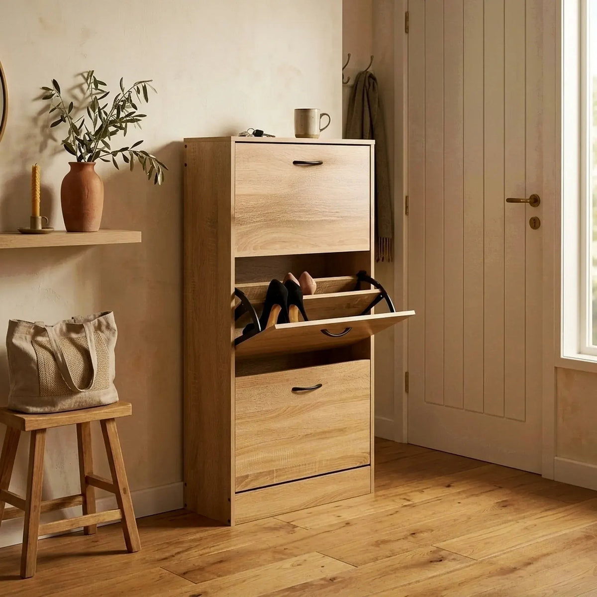 CARLA HOME 3 Flip Drawer Shoe Cabinet - Hidden Storage - Modern - Shoe Storage Cabinet - Oak - Image 7
