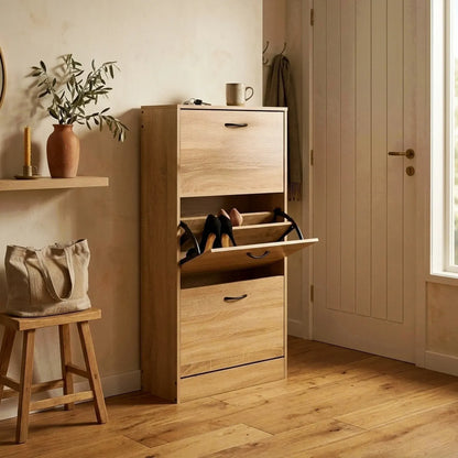 CARLA HOME 3 Flip Drawer Shoe Cabinet - Hidden Storage - Modern - Shoe Storage Cabinet - Oak - Image 7