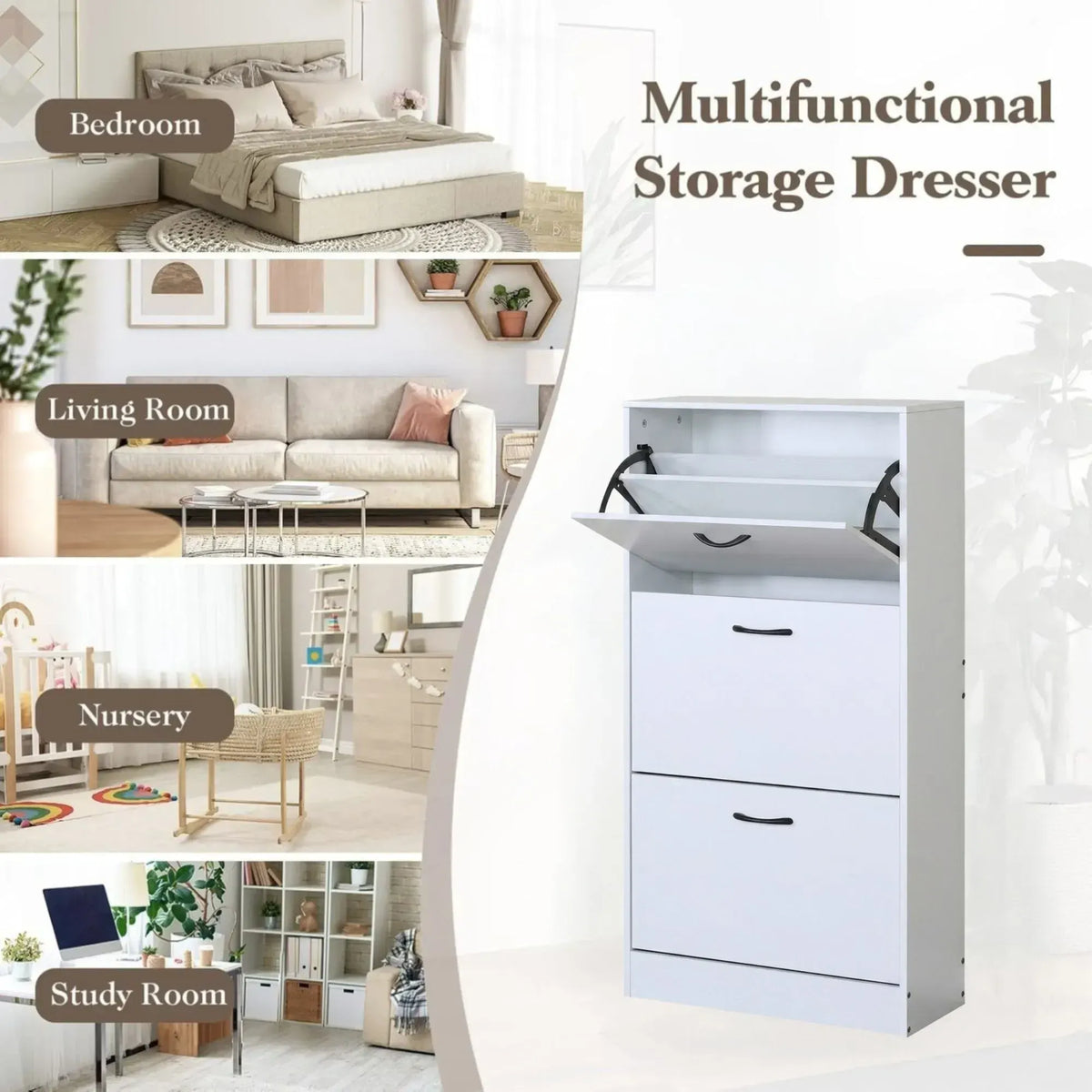 CARLA HOME 3 Flip Drawer Shoe Cabinet - Hidden Storage - Modern - Shoe Storage Cabinet - White - Image 4