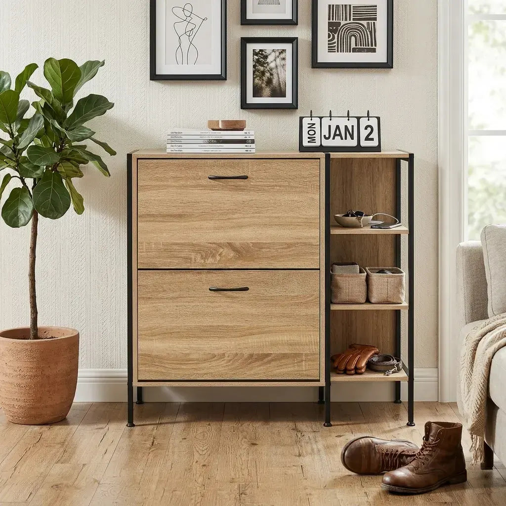 CARLA HOME 2 Flip Shoe Cabinet with Side Shelf - 88 cm Oak - Brown - Shoe Cabinet With Shelf - Image 2