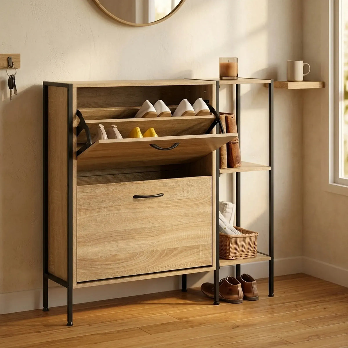 CARLA HOME 2 Flip Shoe Cabinet with Side Shelf - 88 cm Oak - Brown - Shoe Cabinet With Shelf - Image 4