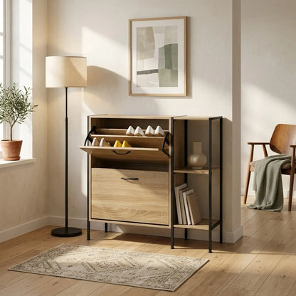 CARLA HOME 2 Flip Shoe Cabinet with Side Shelf - 88 cm Oak - Brown - Shoe Cabinet With Shelf - Image 6