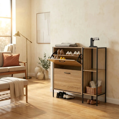 CARLA HOME 2 Flip Shoe Cabinet with Side Shelf - 88 cm Oak - Brown - Shoe Cabinet With Shelf - Image 7