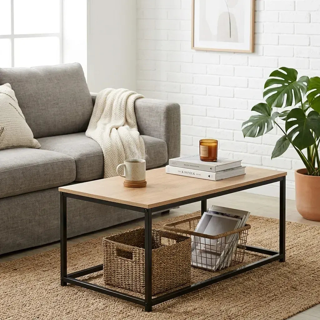 CARLA HOME Modern Rustic Coffee Table - Wood Top Metal Frame - Brown - Steel - Modern Coffee Table - Image 2