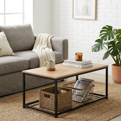 CARLA HOME Modern Rustic Coffee Table - Wood Top Metal Frame - Brown - Steel - Modern Coffee Table - Image 2