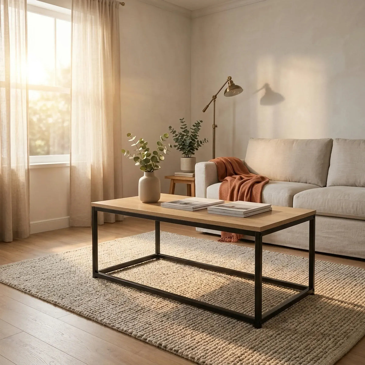 CARLA HOME Modern Rustic Coffee Table - Wood Top Metal Frame - Brown - Steel - Modern Coffee Table - Image 5