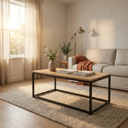 CARLA HOME Modern Rustic Coffee Table - Wood Top Metal Frame - Brown - Steel - Modern Coffee Table - Image 5