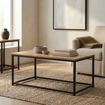 CARLA HOME Modern Rustic Coffee Table - Wood Top Metal Frame - Brown - Steel - Modern Coffee Table - Image 7
