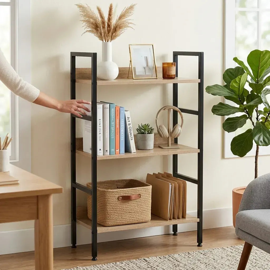 CARLA HOME 3 Tier Bookshelf - Wood Metal Display Shelf - Brown - Rustic - Steel - Living Room Office - Image 2