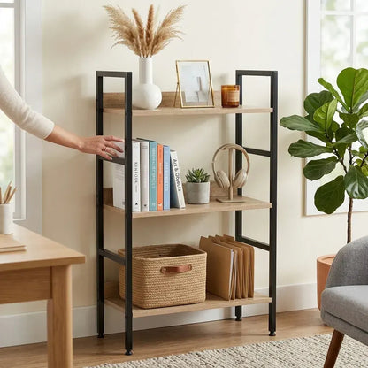 CARLA HOME 3 Tier Bookshelf - Wood Metal Display Shelf - Brown - Rustic - Steel - Living Room Office - Image 2
