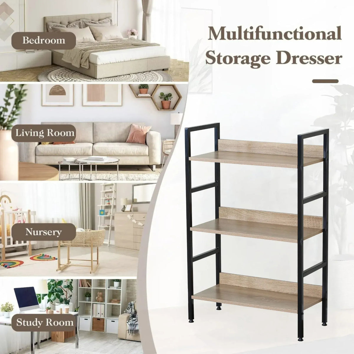 CARLA HOME 3 Tier Bookshelf - Wood Metal Display Shelf - Brown - Rustic - Steel - Living Room Office - Image 4