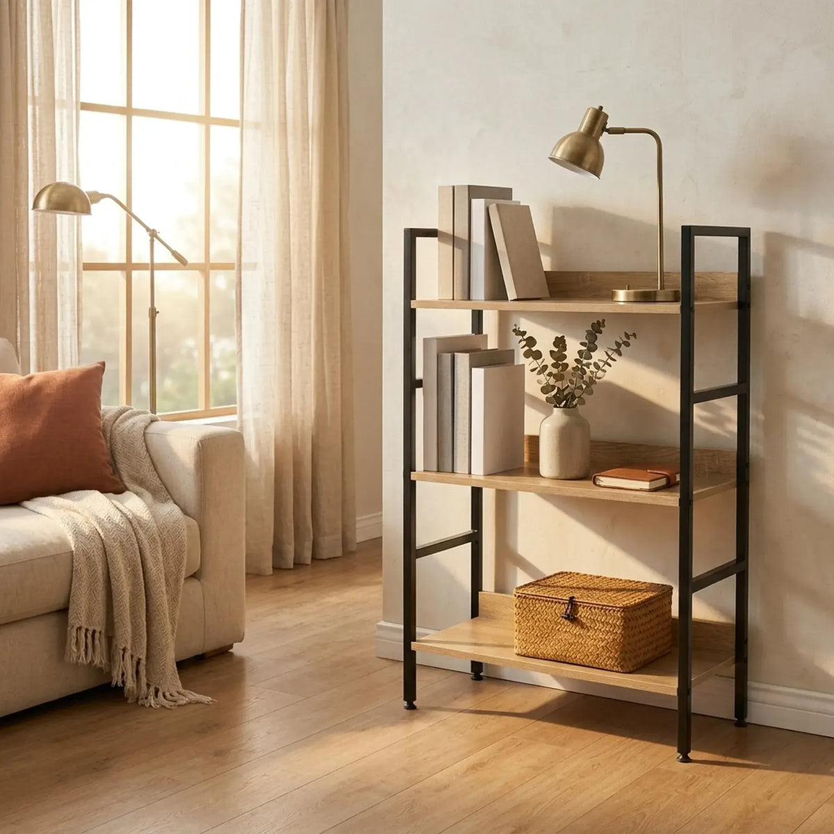 CARLA HOME 3 Tier Bookshelf - Wood Metal Display Shelf - Brown - Rustic - Steel - Living Room Office - Image 5