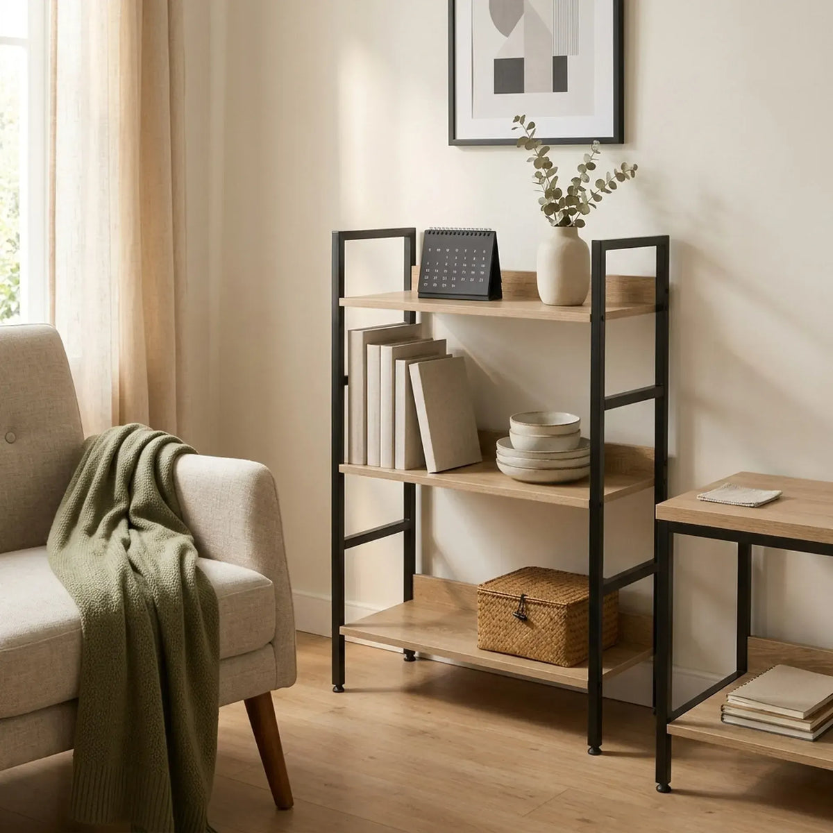 CARLA HOME 3 Tier Bookshelf - Wood Metal Display Shelf - Brown - Rustic - Steel - Living Room Office - Image 7