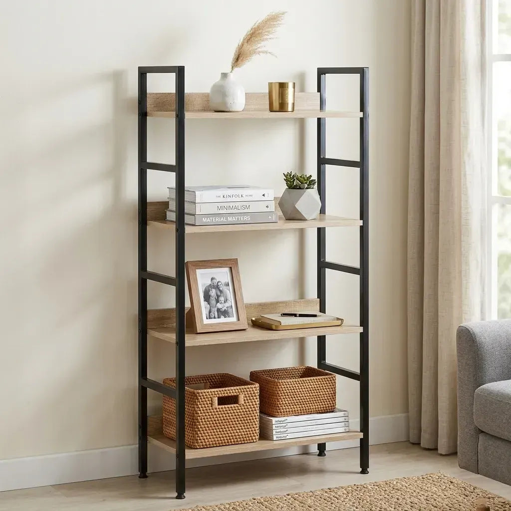 CARLA HOME 4 Tier Bookshelf - Wood Metal Display Shelf - Brown - Rustic - Steel - Living Room Office - Image 2