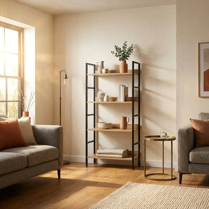 CARLA HOME 4 Tier Bookshelf - Wood Metal Display Shelf - Brown - Rustic - Steel - Living Room Office - Image 5