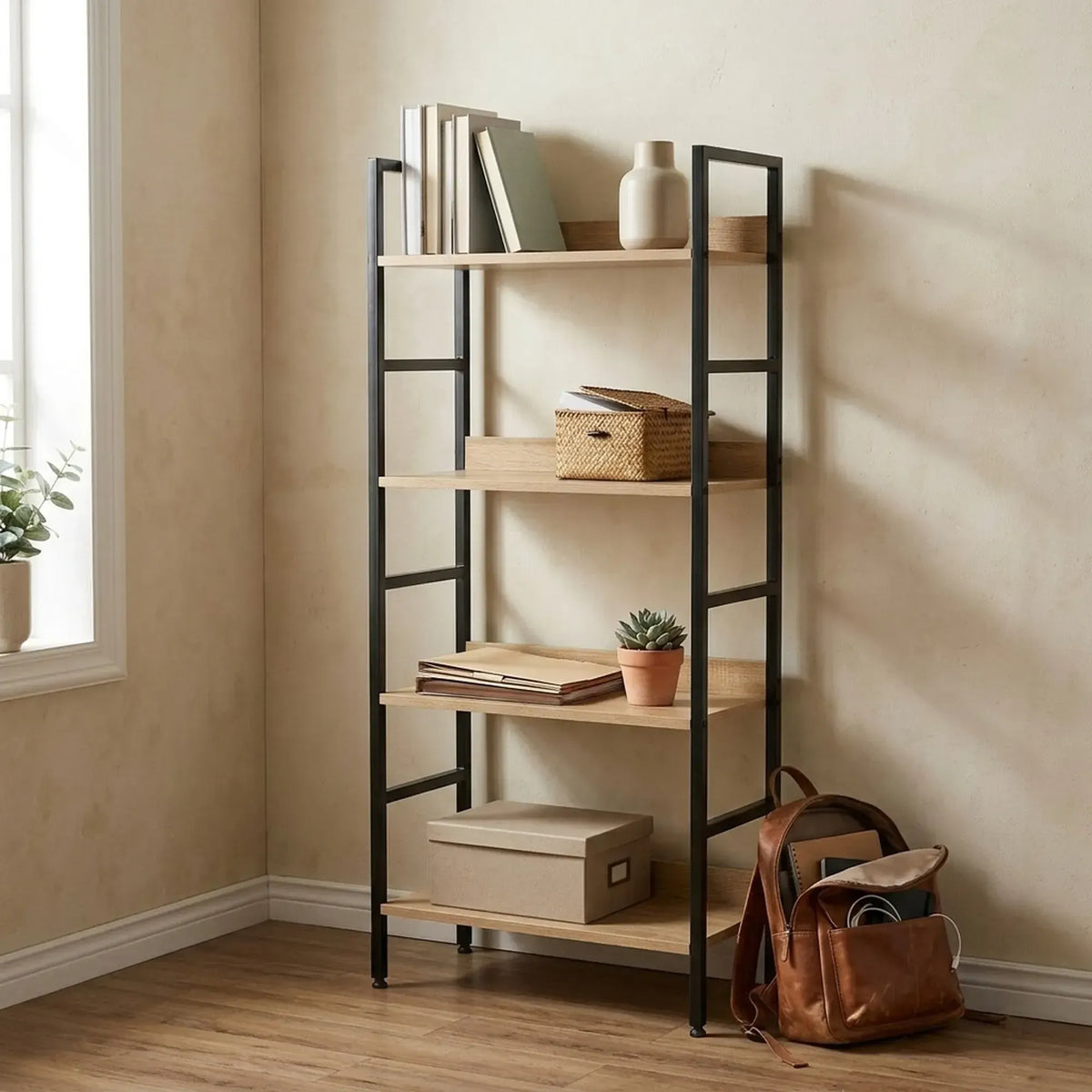 CARLA HOME 4 Tier Bookshelf - Wood Metal Display Shelf - Brown - Rustic - Steel - Living Room Office - Image 6