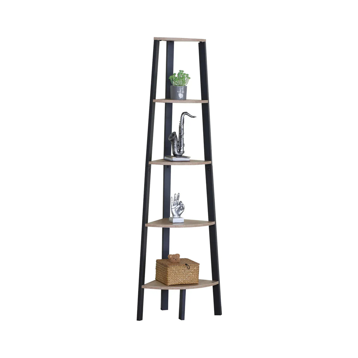 CARLA HOME 5 Tier Corner Shelf - Ladder Bookshelf - Metal Frame - Brown - Rustic