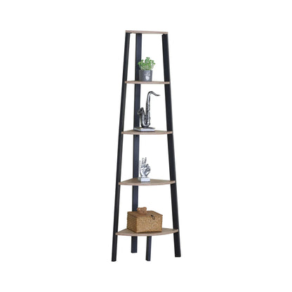 CARLA HOME 5 Tier Corner Shelf - Ladder Bookshelf - Metal Frame - Brown - Rustic
