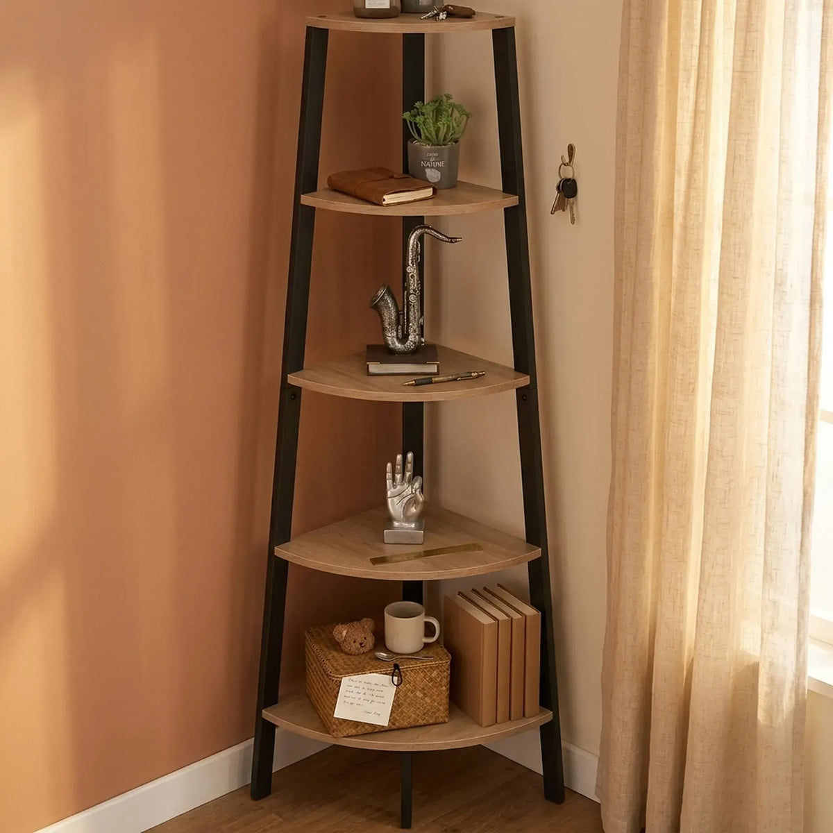 CARLA HOME 5 Tier Corner Shelf - Ladder Bookshelf - Metal Frame - Brown - Rustic - Image 2