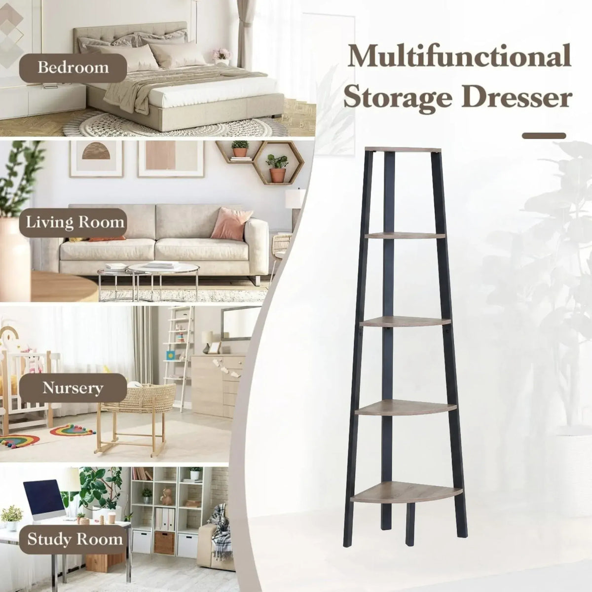 CARLA HOME 5 Tier Corner Shelf - Ladder Bookshelf - Metal Frame - Brown - Rustic - Image 4