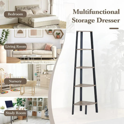 CARLA HOME 5 Tier Corner Shelf - Ladder Bookshelf - Metal Frame - Brown - Rustic - Image 4