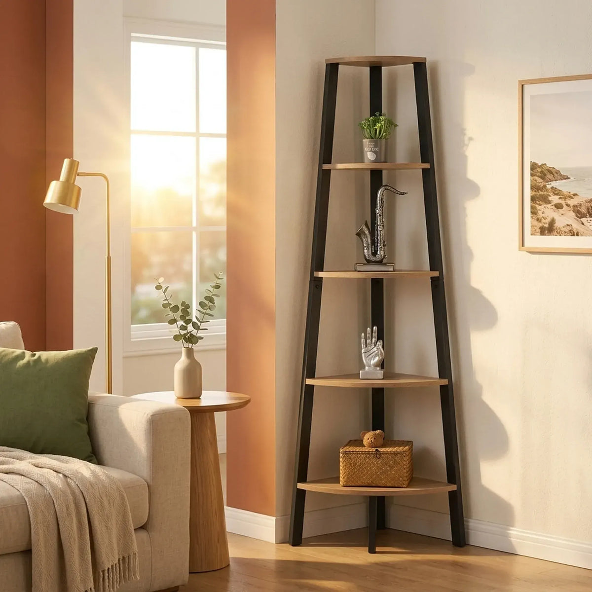 CARLA HOME 5 Tier Corner Shelf - Ladder Bookshelf - Metal Frame - Brown - Rustic - Image 5
