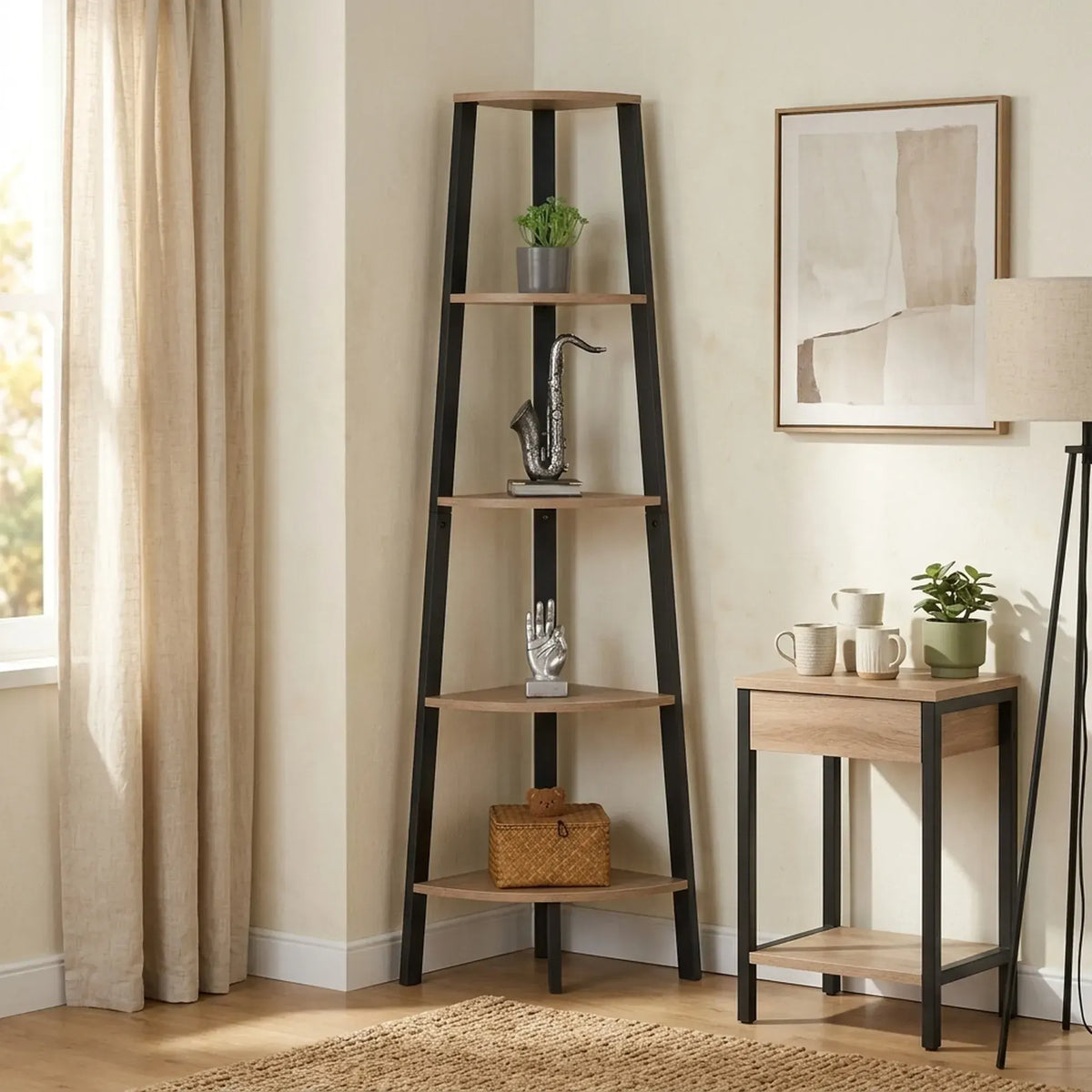 CARLA HOME 5 Tier Corner Shelf - Ladder Bookshelf - Metal Frame - Brown - Rustic - Image 6