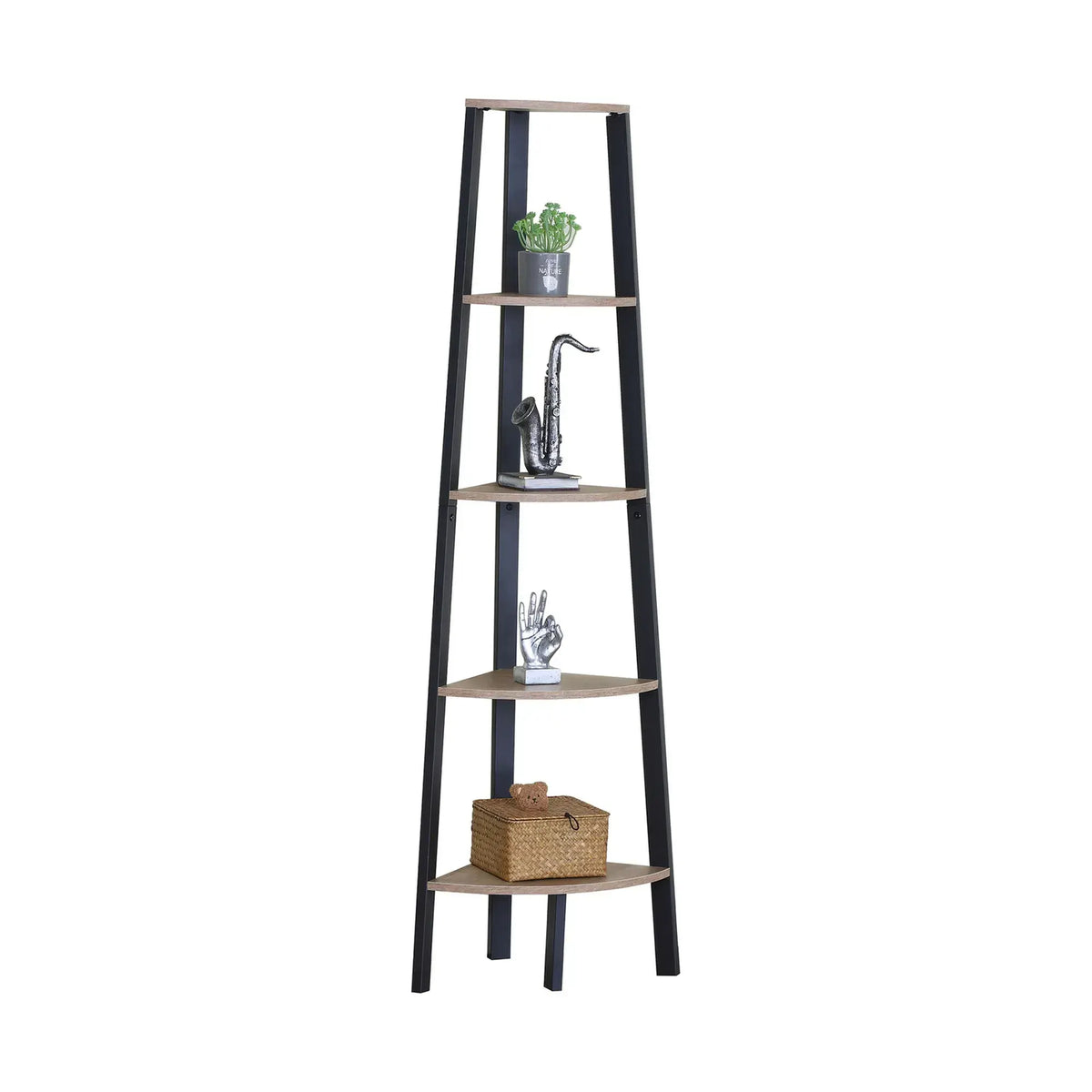 CARLA HOME 5 Tier Corner Shelf - Ladder Bookshelf - Metal Frame - Brown - Rustic - Image 9