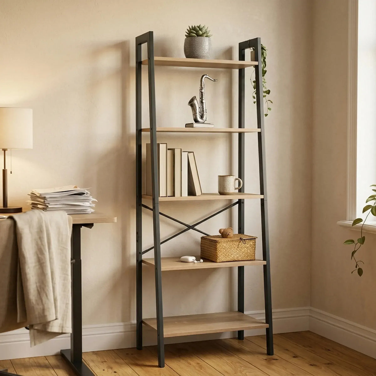 CARLA HOME 5 Tier Ladder Shelf - Wood Metal Display Bookcase - Brown - Rustic - Steel - Image 2