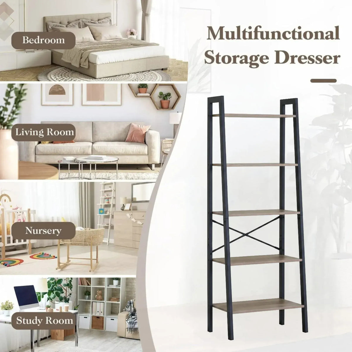 CARLA HOME 5 Tier Ladder Shelf - Wood Metal Display Bookcase - Brown - Rustic - Steel - Image 4