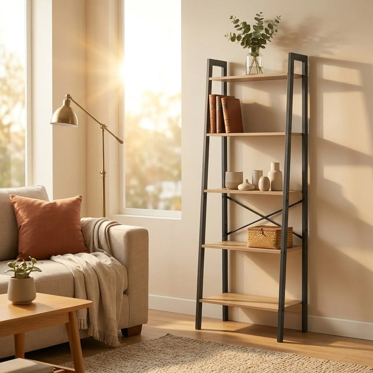 CARLA HOME 5 Tier Ladder Shelf - Wood Metal Display Bookcase - Brown - Rustic - Steel - Image 5