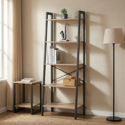 CARLA HOME 5 Tier Ladder Shelf - Wood Metal Display Bookcase - Brown - Rustic - Steel - Image 6