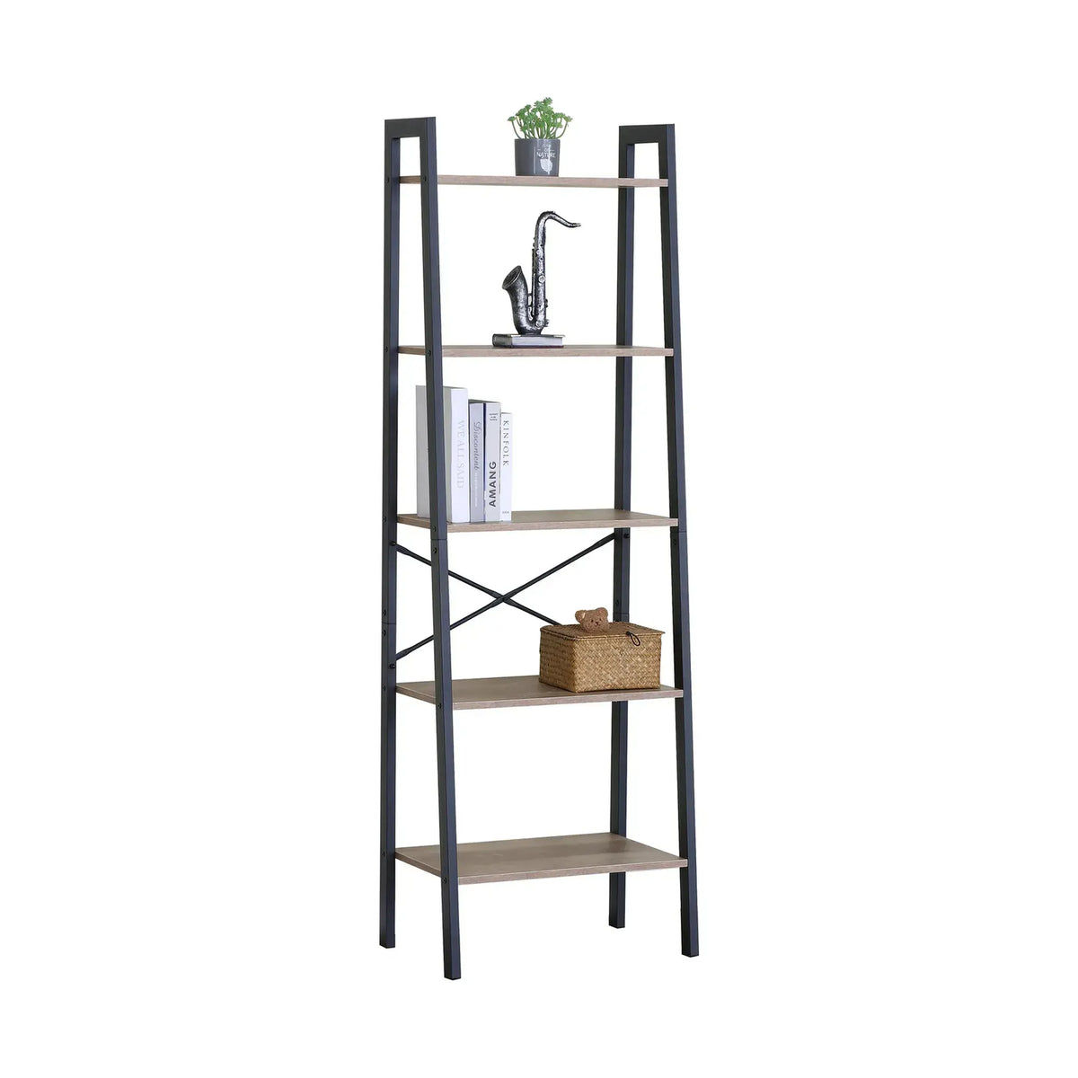 CARLA HOME 5 Tier Ladder Shelf - Wood Metal Display Bookcase - Brown - Rustic - Steel - Image 9