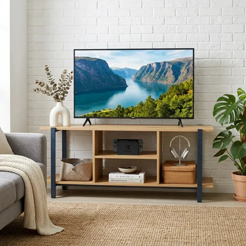 CARLA HOME Tv Stand Entertainment Console - Open Shelves - Oak - Brown - Rustic - Steel - Image 2