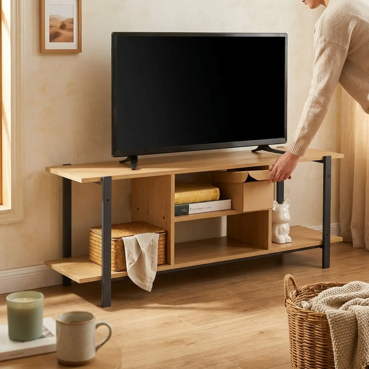 CARLA HOME Tv Stand Entertainment Console - Open Shelves - Oak - Brown - Rustic - Steel - Image 5