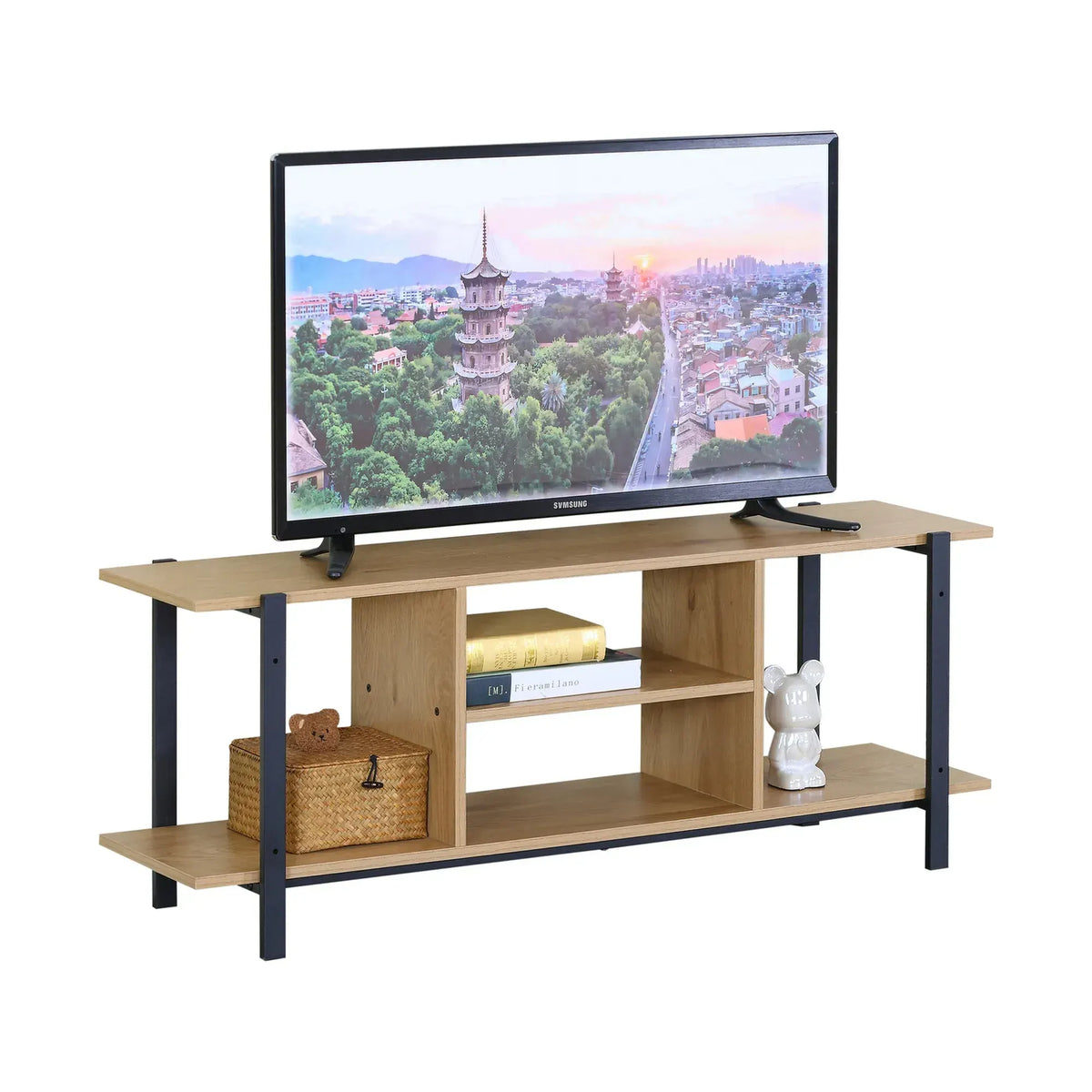 CARLA HOME Tv Stand Entertainment Console - Open Shelves - Oak - Brown - Rustic - Steel - Image 9