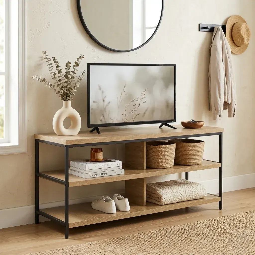 CARLA HOME Tv Stand 3 Tier Open Shelf Entertainment Console - Brown - Rustic - Steel - Image 2