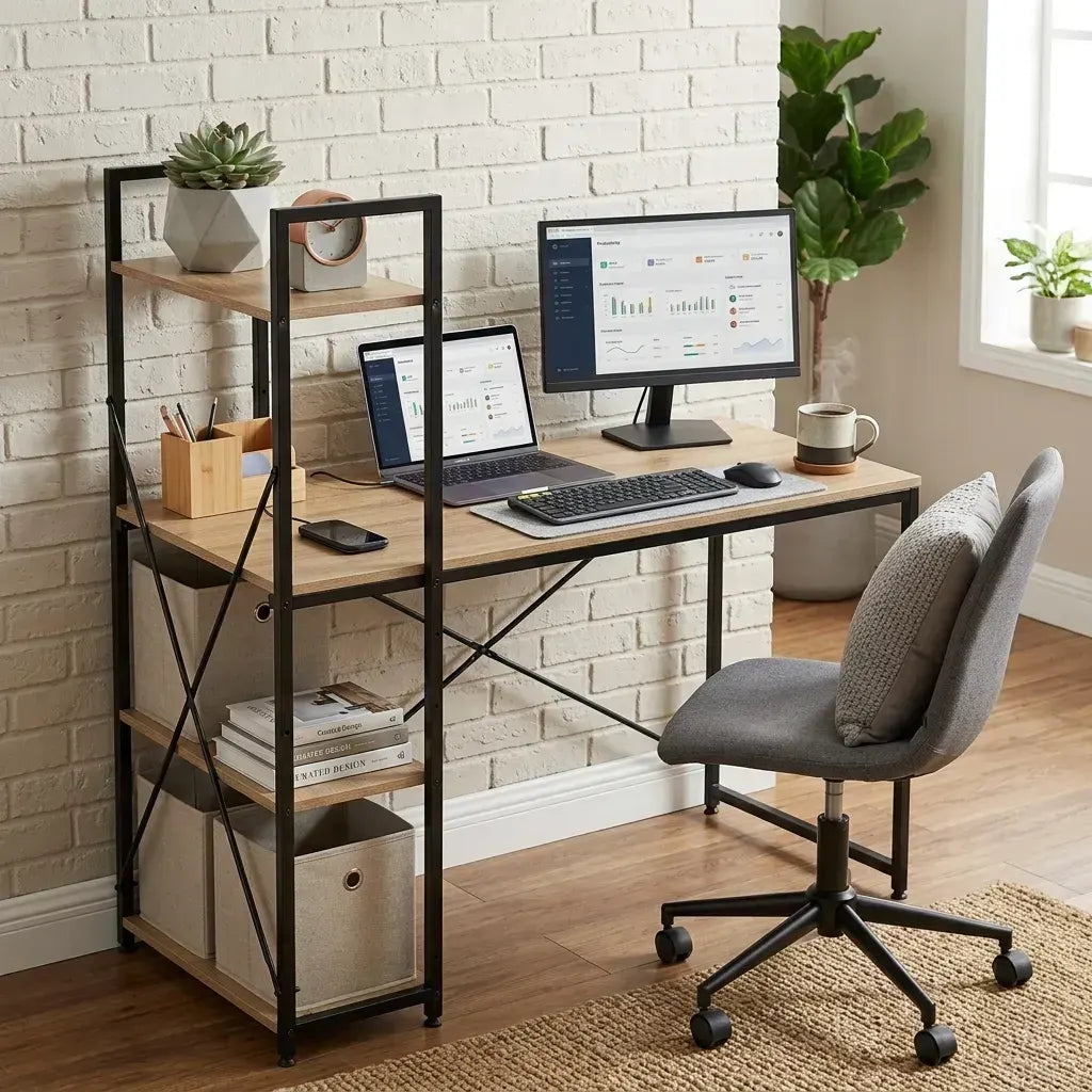 CARLA HOME Computer Desk with 4 Shelf Bookcase - Steel - Brown - Rustic - Office Desk Computer - Image 2